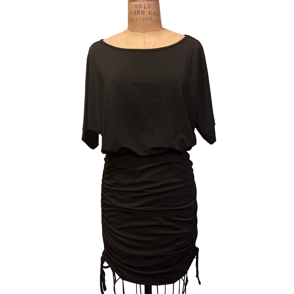 Women's Black Blouson Short Sleeve Ruched Tie Sides Mini Dress NWT Size L